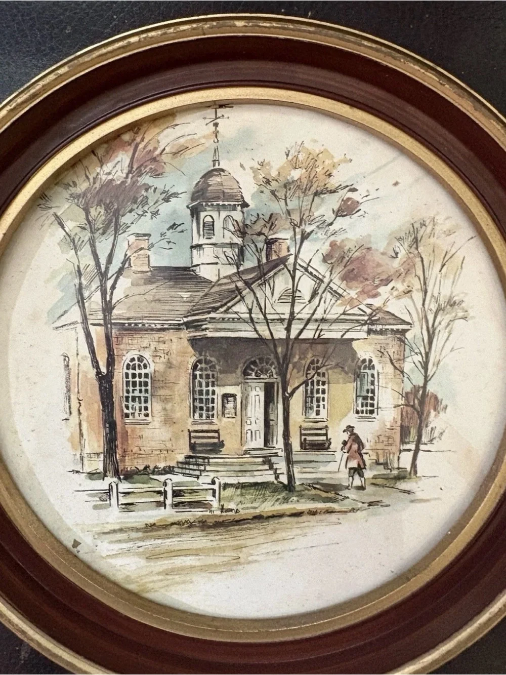 Vintage Pair of Round Framed Watercolor Wall Art Prints Building Williamsburg VA